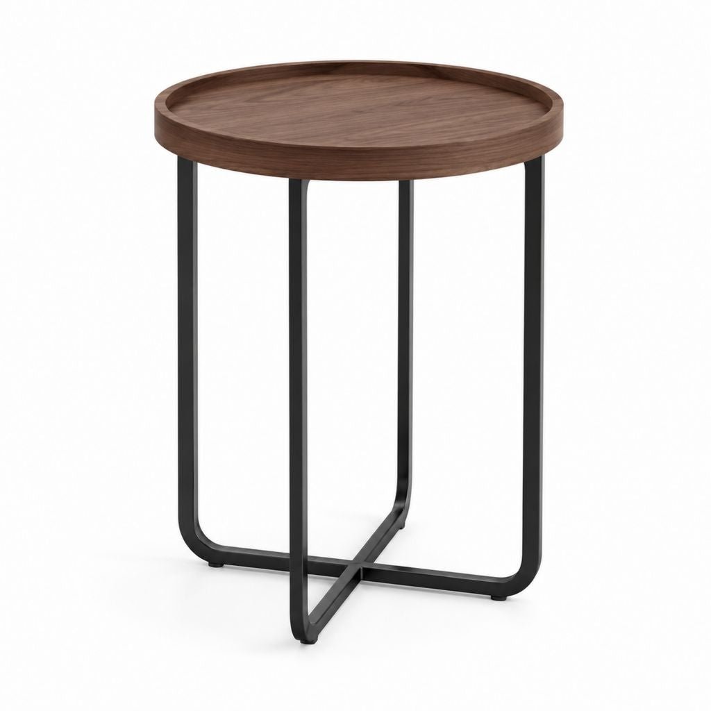 Tavolino laterale rotondo noce e nero in MDF e acciaio 40 x 40 x 55 cm
