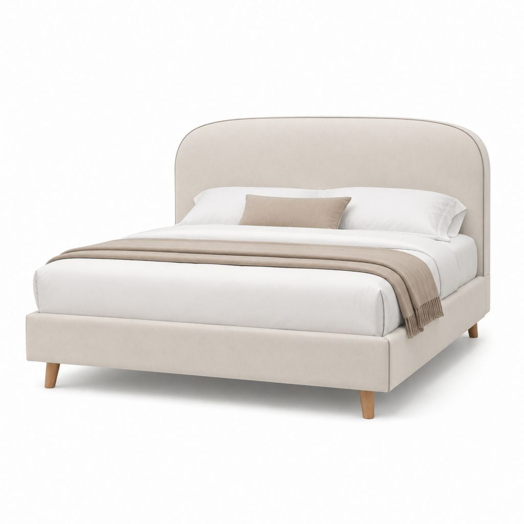 Letto matrimoniale imbottito beige in poliestere con testiera arrotondata 176 x 217 x 115 cm per materasso 160 x 200 cm