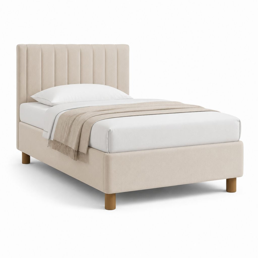 Letto singolo imbottito beige in poliestere con testiera a pannelli verticali 90 x 200 cm