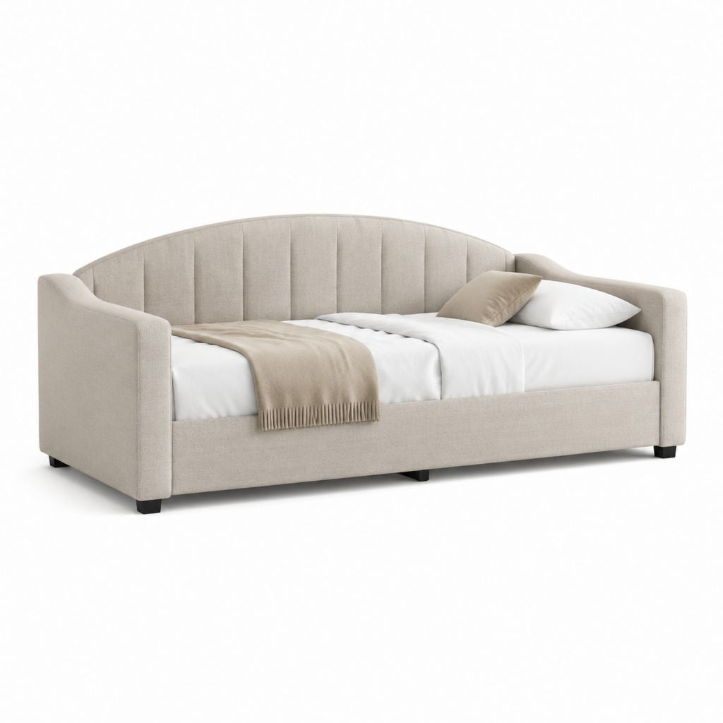 Letto singolo a divano curvo beige rivestito in poliestere 90 x 200 cm