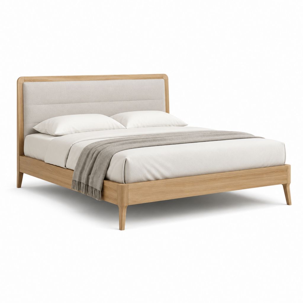 Letto matrimoniale con testiera imbottita beige in legno massello 160 x 200 cm