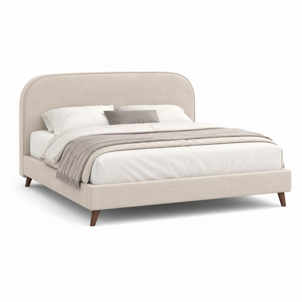 Letto matrimoniale imbottito beige in poliestere con testiera curva 160 x 200 cm