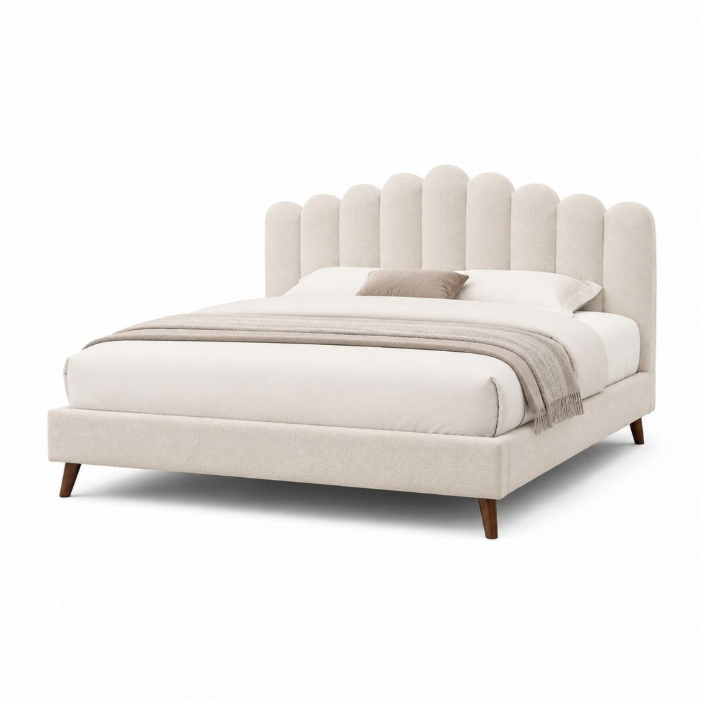 Letto matrimoniale imbottito beige in poliestere con testiera arrotondata 174 x 215 x 125 cm