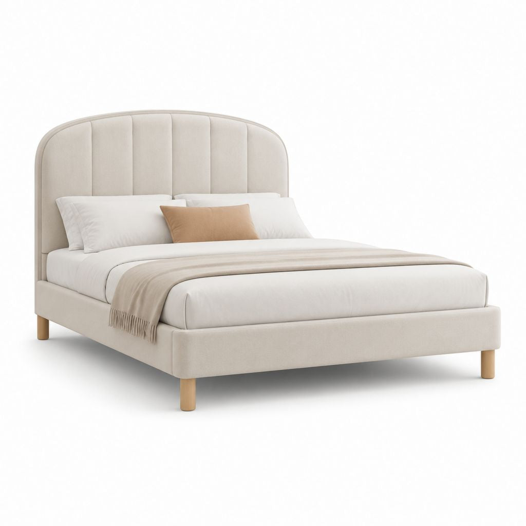 Letto matrimoniale imbottito beige in velluto di poliestere con testiera arcuata 160 x 200 cm