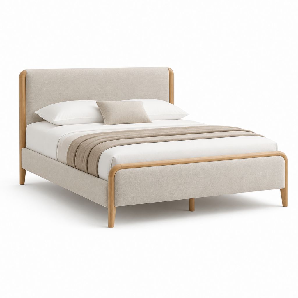 Letto matrimoniale imbottito beige con struttura in legno massello 160 x 200 cm