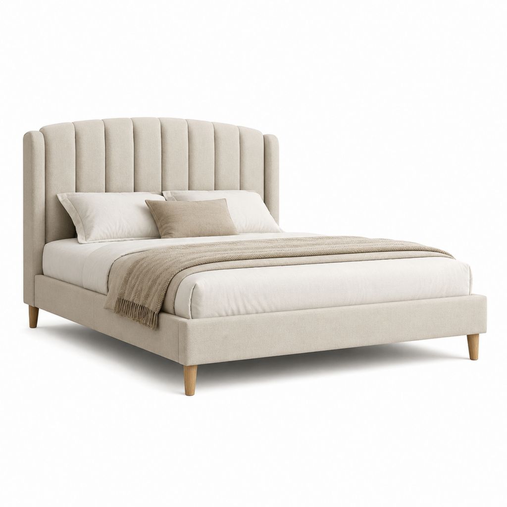 Letto matrimoniale imbottito rettangolare beige in poliestere con testiera a canali 160 x 200 cm
