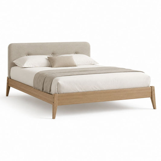 Letto matrimoniale 160x200 cm beige in rovere massello con testiera imbottita