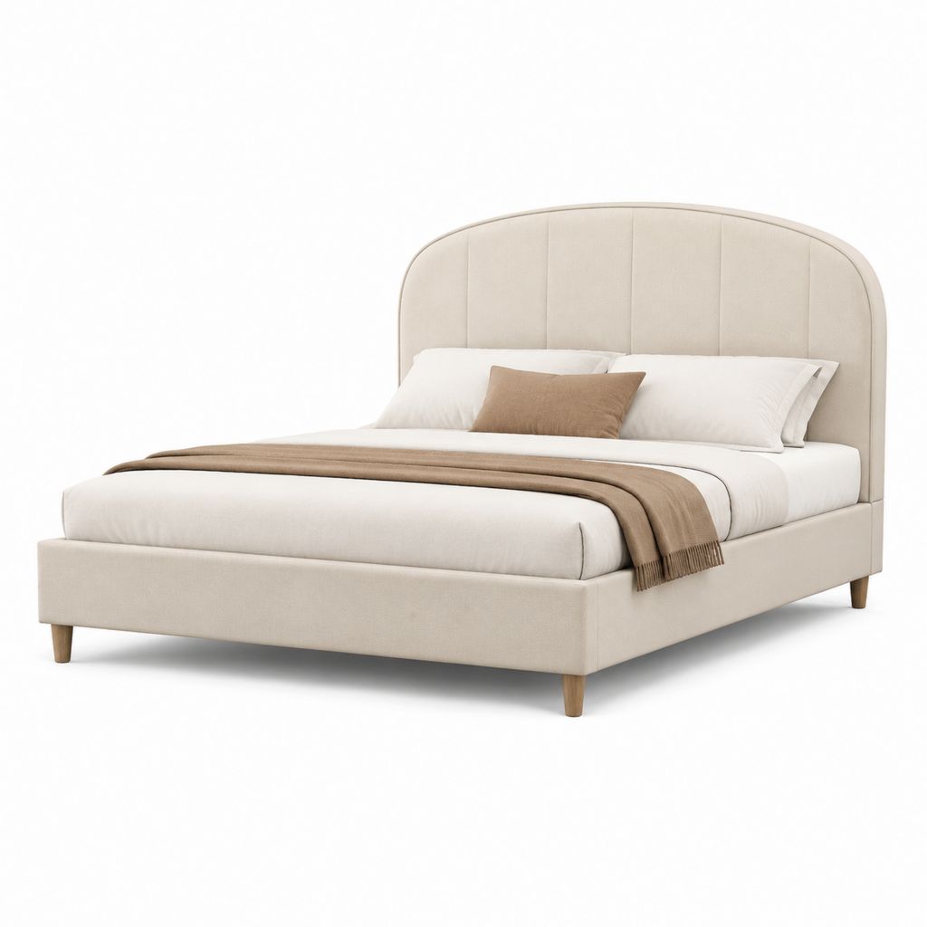 Letto matrimoniale imbottito beige in poliestere con testiera curva 160 x 200 cm