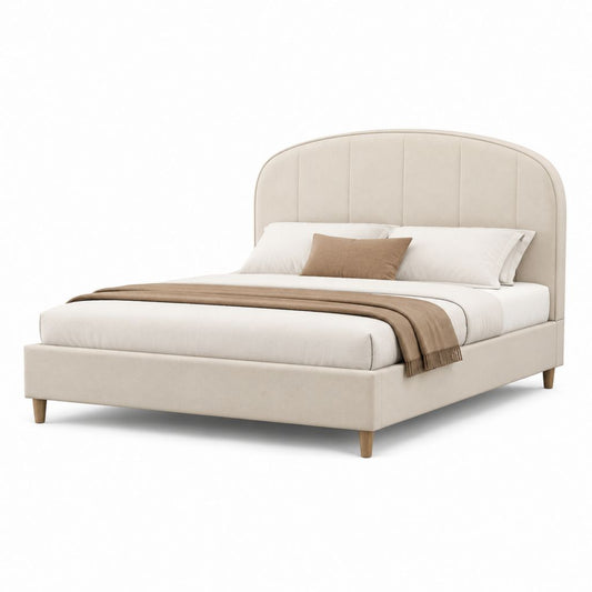Letto matrimoniale imbottito beige in poliestere con testiera curva 160 x 200 cm