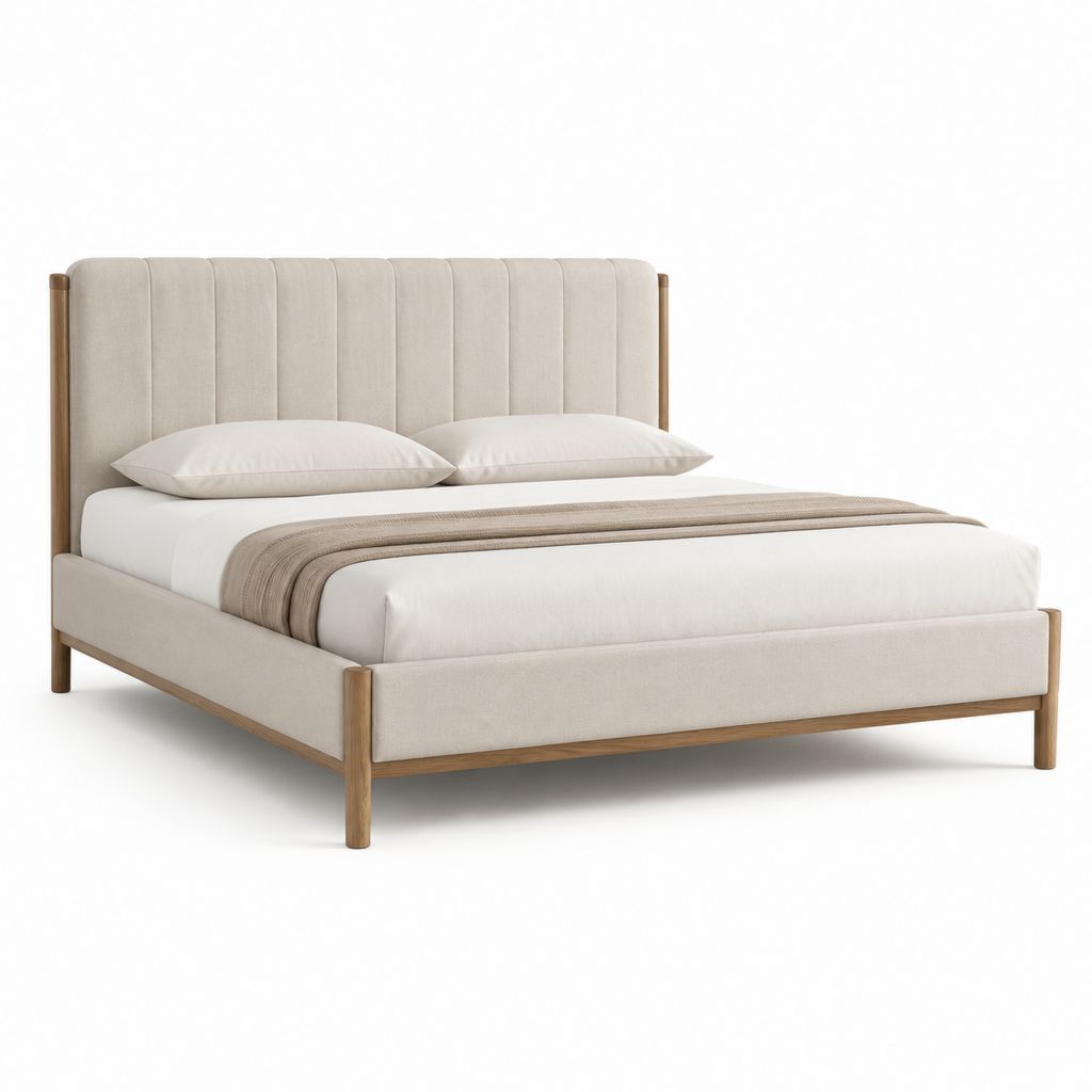 Letto matrimoniale rettangolare beige in poliestere e legno massello 160 x 200 cm