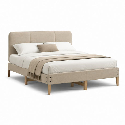 Letto matrimoniale con struttura beige in poliestere e gambe in legno massello 160 x 200 cm