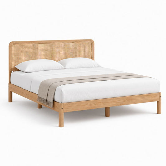 Letto matrimoniale 160 x 200 cm naturale in legno massello di rovere con testiera in rattan
