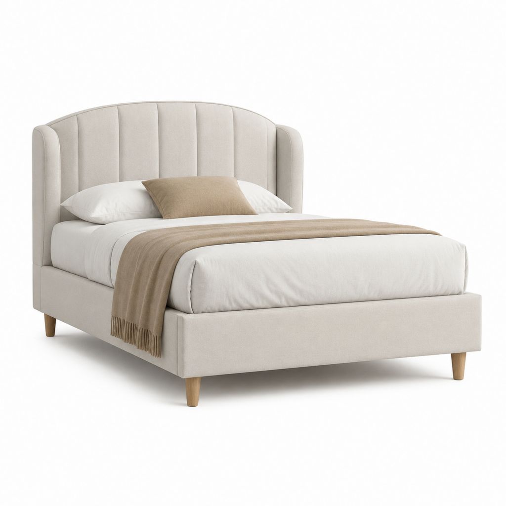 Letto matrimoniale imbottito beige in poliestere con testiera arcuata 160 x 200 cm