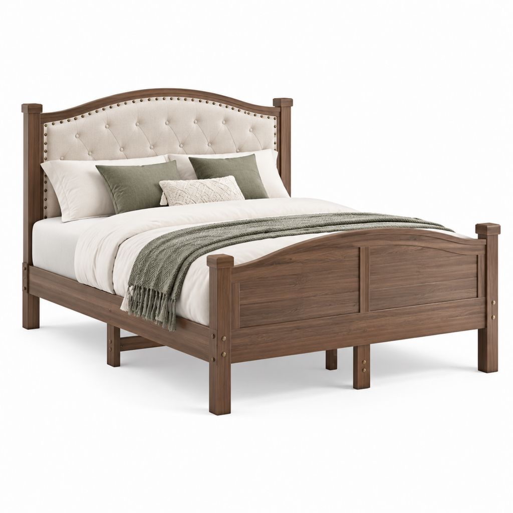 Letto matrimoniale 160x200 cm marrone in legno massello con testiera imbottita beige