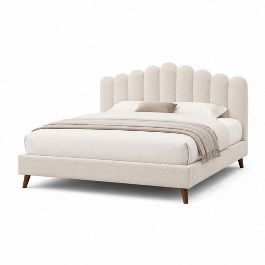 Letto matrimoniale imbottito beige in poliestere con testiera arrotondata 174 x 215 x 125 cm