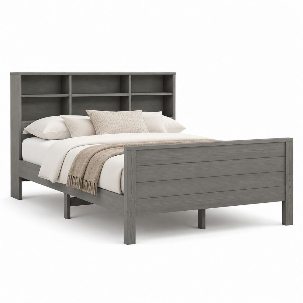 Letto matrimoniale con testiera a scaffali grigio in MDF 160 x 200 cm