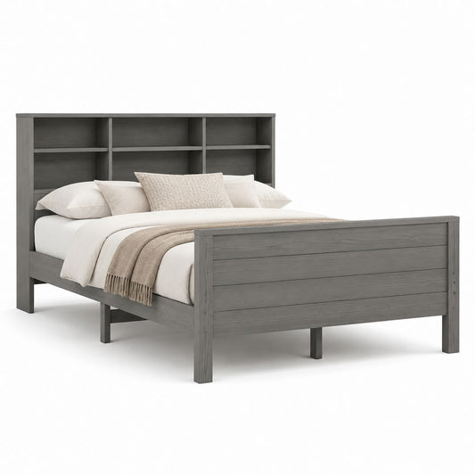 Letto matrimoniale con testiera a scaffali grigio in MDF 160 x 200 cm