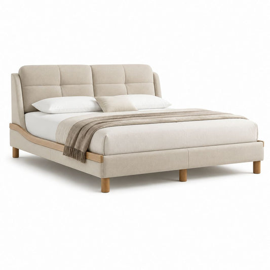 Letto matrimoniale imbottito beige in poliestere con struttura in legno 160 x 200 cm
