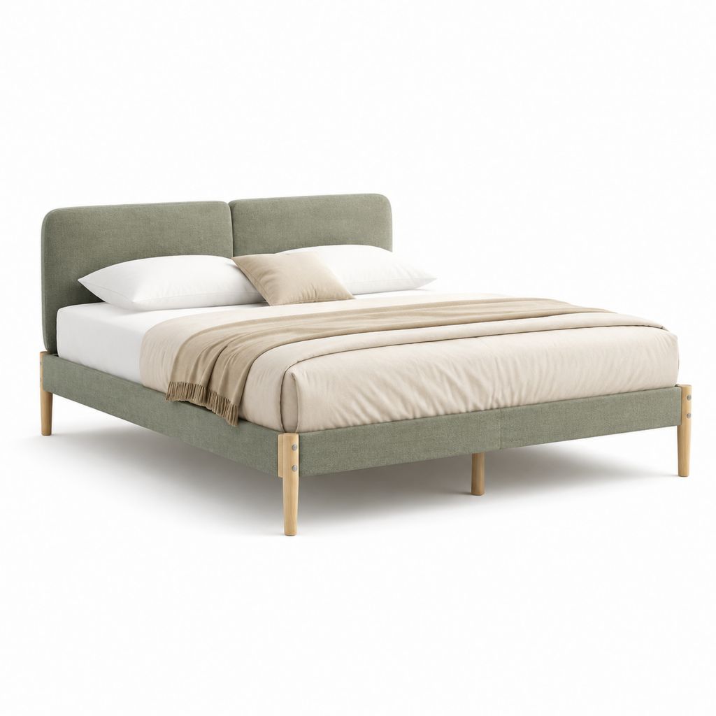 Letto matrimoniale imbottito verde in poliestere con gambe in faggio 160 x 200 cm