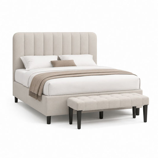 Letto matrimoniale con panca beige in poliestere 160 x 200 cm