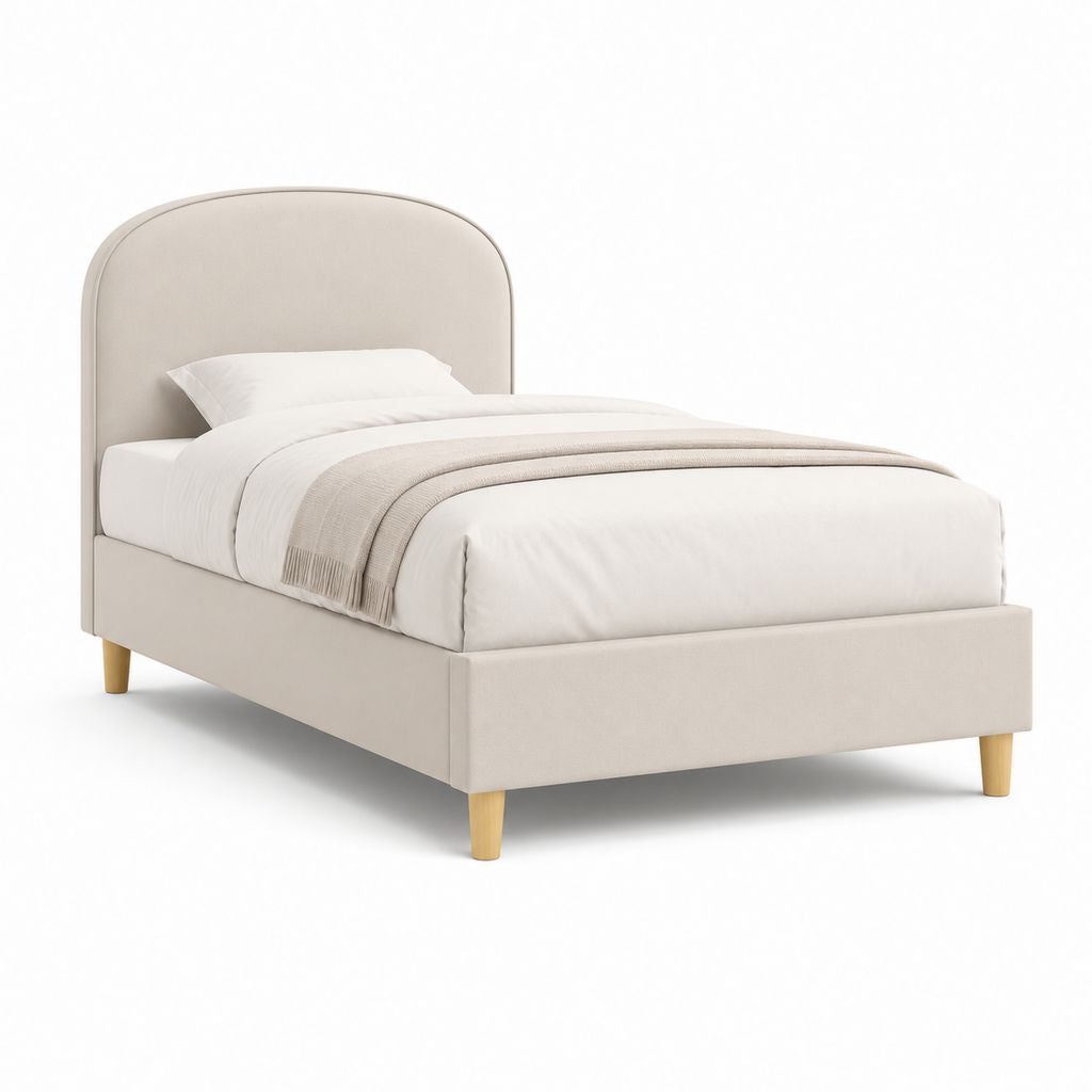 Letto singolo imbottito beige in poliestere con testiera arrotondata 90 x 190 cm