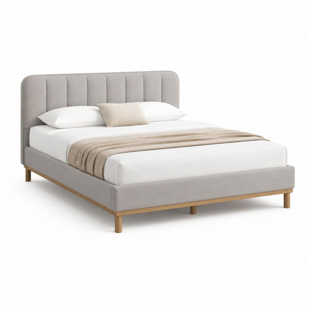 Letto matrimoniale con testiera imbottita grigio chiaro in poliestere e legno massello per materasso 160 x 200 cm dimensioni 170 x 213 x 110 cm