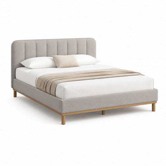 Letto matrimoniale con testiera imbottita grigio chiaro in poliestere e legno massello per materasso 160 x 200 cm dimensioni 170 x 213 x 110 cm