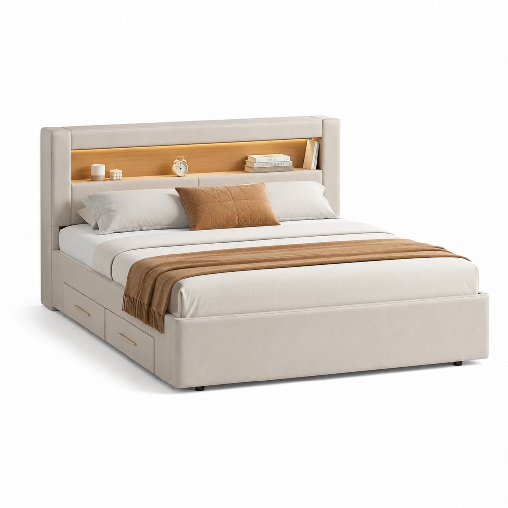 Letto matrimoniale rettangolare con 2 cassetti e mensola LED beige in poliestere 180 x 200 cm